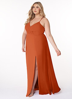 Azazie Everleigh Abiti da Damigella Abito A-Line in Chiffon con Scollo a Cuore a Pieghe Arancia Bruciata image10