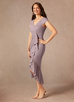 Azazie Renetta Mother of the Bride Dresses Dusk Sheath V-Neck Pleated Mesh Dress image2
