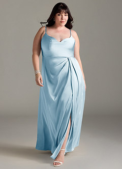 Azazie Brielle Bridesmaid Dresses Sky Blue A-Line Cowl Spaghetti Straps Stretch Satin Dress image8