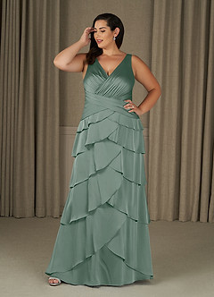 Azazie Viola Mother of the Bride Dresses Silver Sage A-Line Pleated Stretch Satin Dress image6