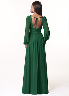 Azazie Norah Vestidos de damas de honor Vestido de Verde Oscuro de Gasa de Corte en A con Manga larga con cuello en V image2