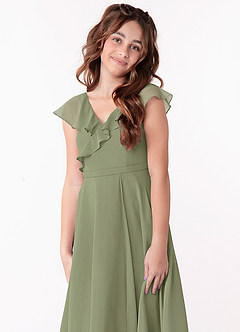 Azazie Posie Junior Vestido de Verde Oscuro de Gasa de Corte En A con Volante image5