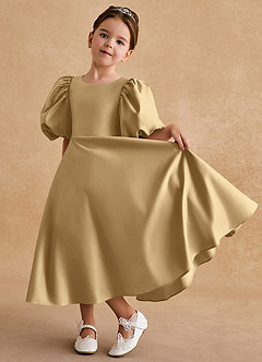 Azazie Sugarplum Flower Girl Dresses Gold A-Line with Sleeves Matte Satin Dress image5