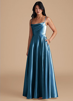 Azazie Elle Bridesmaid Dresses Steel Blue A-Line with Pockets Metallic Satin Dress image2