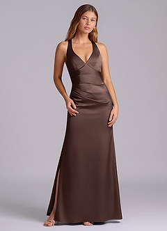 Azazie Amelie Brautjungfernkleider A-Linie Plissee Stretch-Satin Kleid Ganache image1