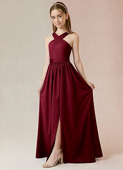 Azazie Jiya Junior Burgundy A-Line Pleated Stretch Satin Dress image1
