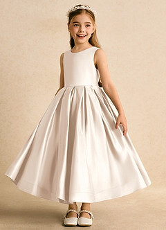 Azazie Cailee Flower Girl Dresses White Alabaster Ball-Gown Pleated Matte Satin Dress image4