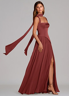 Azazie Stephanie Vestidos de damas de honor Vestido Terracota de Satén Elástico de Línea A con Plisado image3