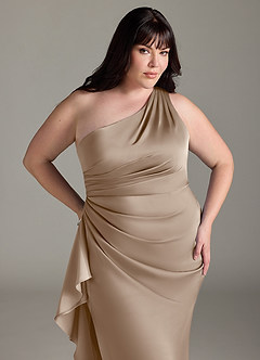 Azazie Latrice Brautjungfernkleider Etui Kaskadierende Rüschen an einer Schulter Stretch-Satin Kleid Taupe image10