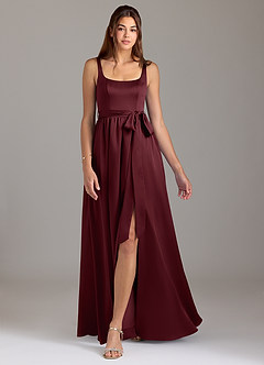 Azazie Elliott Vestidos de damas de honor Vestido de Cabernet de Satén Elástico de Corte en A con Con bolsillos image5