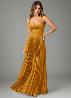 Azazie Avenelle Robes de demoiselle d'honneur Robe Trapèze en Satin extensible Corset Caramel écossais image1