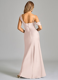Azazie Celina Bridesmaid Dresses Blushing Pink Sheath Off the Shoulder Stretch Satin Dress image1