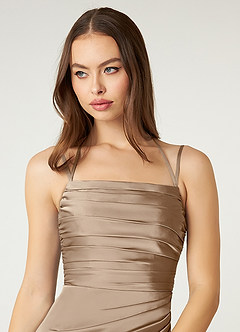 Azazie Desi Bridesmaid Dresses Taupe Sheath Halter Corset Stretch Satin Dress image6
