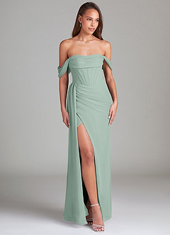 Azazie Amyra Bridesmaid Dresses Agave Sheath Off the Shoulder Chiffon Convertible Dress image3