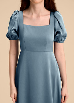 Azazie Briar Junior Dusty Blue A-Line Bow Stretch Satin Dress image8