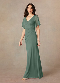 Azazie Selah Mother of the Bride Dresses Eucalyptus A-Line V-Neck ruched Mesh Dress image2