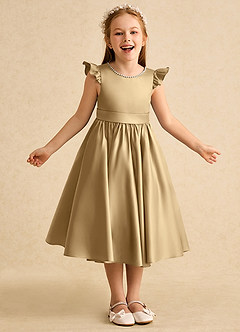 Azazie Dumpling Flower Girl Dresses Gold A-Line Bow Matte Satin Dress image2