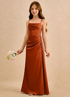 Azazie Shyla Girls Formal Robe Demoiselle D'honneur Fillette Robe Fourreau en Satin extensible Plissée Orange Brûlée image3