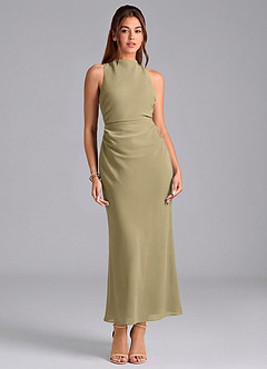 Azazie Evadne Bridesmaid Dresses Moss Green Sheath Pleated Chiffon Dress image3
