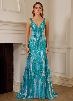 Jade Blue Sequin Satin Side Split Deep V-neck Mermaid Marine Prom Dress image6