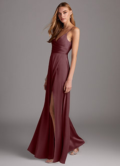 Azazie Calissa Bridesmaid Dresses Sangria A-Line V-Neck Pleated Stretch Satin Dress image4