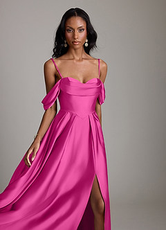 Azazie Loisa Abiti da Damigella Abito A-Line in Raso Elasticizzato a Spalla Scoperta Fucsia image3