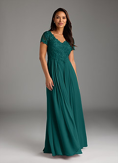 Azazie Dunja Mother of the Bride Dresses Peacock A-Line V-Neck Lace Chiffon Dress image3