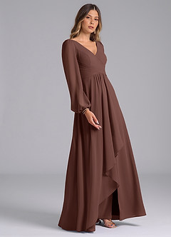Azazie Liah Bridesmaid Dresses Espresso A-Line Long Sleeve Chiffon Dress image5