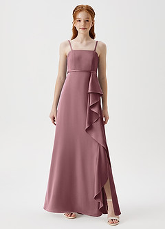 Azazie Kaylee Junior Vintage Mauve A-Line with Belt Stretch Satin Dress image3