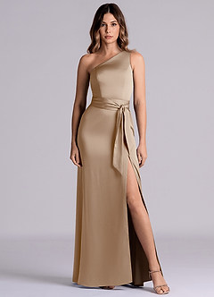 Azazie Phaedra Bridesmaid Dresses Taupe A-Line One Shoulder Stretch Satin Dress image2