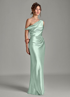 Azazie Emerson Bridesmaid Dresses Agave Mermaid Off the Shoulder Metallic Satin Dress image5