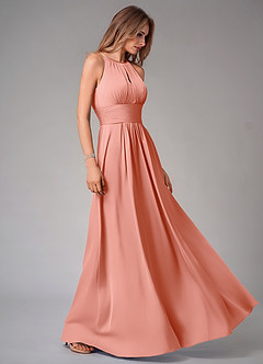 Azazie Bonnie Bridesmaid Dresses Coral A-Line Pleated Stretch Satin Dress image4
