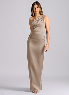 Azazie Akilah Jurken voor bruidsmeisjes Jurk van Stretch Satijn met Zeemeermin One-shoulder Taupe image4