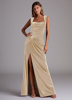 Azazie Genesis Bridesmaid Dresses Champagne Sheath Pleated Velvet Dress image1