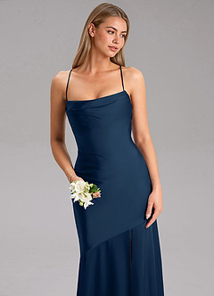 Azazie Grata Bridesmaid Dresses Dark Navy Sheath Side Slit Stretch Satin Dress image6