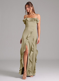 Azazie Malia Bridesmaid Dresses Moss Green A-Line Side Slit Stretch Satin Dress image1
