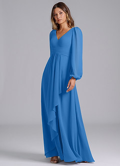 Azazie Omari Bridesmaid Dresses Blue Jay A-Line Long Sleeve Chiffon Dress image4