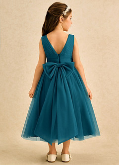 Azazie Macaron Flower Girl Dresses Ink Blue A-Line Pleated Tulle Dress image2