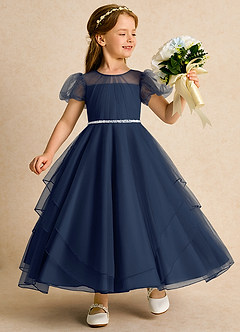 Azazie Duckie Flower Girl Dresses Dark Navy Ball-Gown Pleated Tulle Dress image1