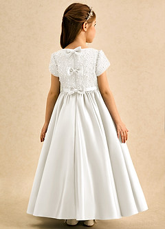 Azazie Cashew Flower Girl Dresses Ivory Ball-Gown with Sleeves Matte Satin Dress image1