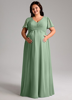 Azazie Verna Robes de demoiselle d'honneur de maternité Robe Trapèze Col V froncé Longueur ras du sol Mousseline de soie image11