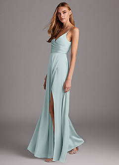 Azazie Calissa Bridesmaid Dresses Mist A-Line V-Neck Pleated Stretch Satin Dress image4