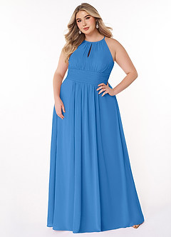 Azazie Bonnie Vestidos de damas de honor Vestido de Azul Grisaceo de Gasa de Corte en A con Cuello de pico fruncido image6