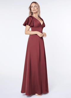 Azazie Lani Jurken voor bruidsmeisjes Jurk van Stretch Satijn met A-Lijn Flounce mouwen Merlot image4