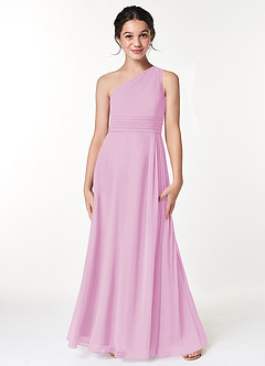 Azazie Cleo Junior Robe Trapèze en Mousseline de soie Plissée Rose Bonbon image3