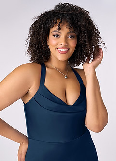 Barbie ♥ Azazie Bridesmaid Dresses Dark Navy Mermaid Pleated Stretch Satin Dress image10