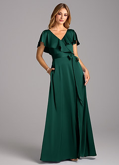 Azazie Lainey Bridesmaid Dresses Emerald A-Line with Pockets Stretch Satin Dress image1