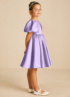 Azazie Muffin Flower Girl Dresses Lilac A-Line with Sleeves Matte Satin Dress image3