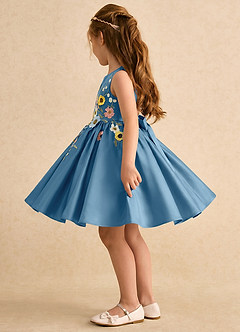 Azazie Prima Flower Girl Dresses Steel Blue A-Line Bow Matte Satin Dress image5