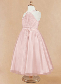 Azazie Honey Robe Demoiselle D'honneur Fillette Robe Trapèze en Mat Satiné Perlé Rose Pâle image9